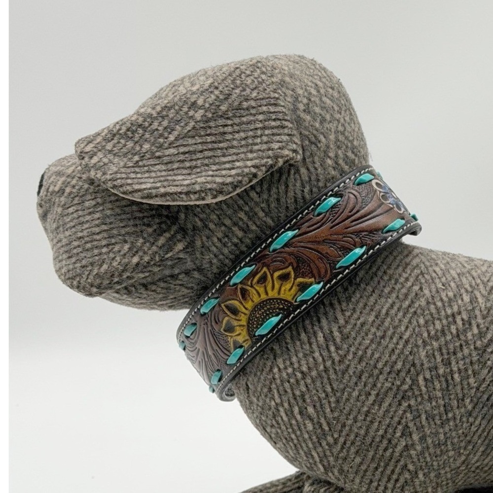 Myra Bag Tooled Leather Dog Collar Sunflower Turquoise Whipstitch Western Size S